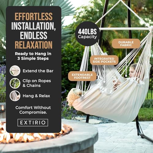 Image of Hanging Hammock Chair Swing - Hanging Chair Outdoor & Indoor - Hammock Swing Chair - Quick & Easy Setup with Hardware Kit - Durable & Spacious Full Body Support with 2 Plush Cushions - Holds 440 Lbs