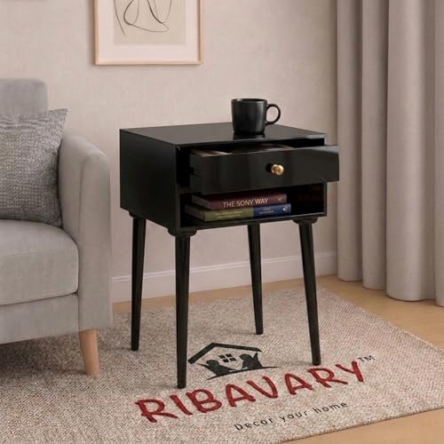Image of Modern Bedside Table Nightstand with Solid Wood Legs, Practical End Side Table with Drawer Storage for Small Spaces Wooden Bedside Table, Coffee Table, Living Room /Bedroom (Black)