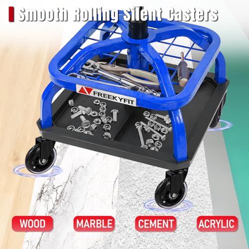 Image of Rolling Shop Stool with Wheels, Garage Work Mechanic Stool with Backrest, Roller Mechanic Chair, Adjustable Height, 360 Swivel, Tool Tray Storage, 330 LBS Capacity, Heavy Duty, Blue
