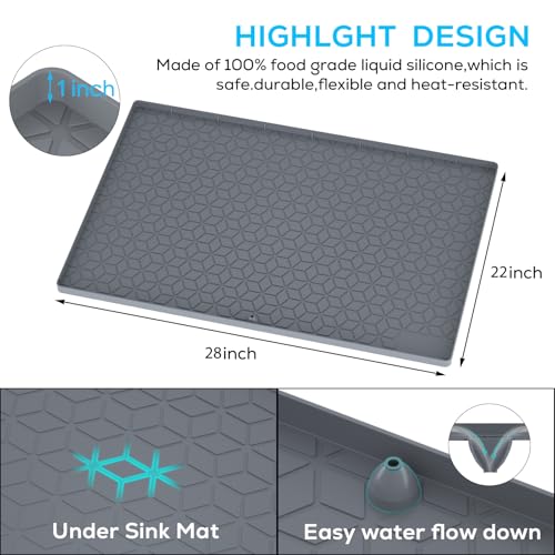 Under Sink Mat, 28\"x22\" Under Sink Mats for Kitchen, Silicone Waterproof Under Sink Liner, Sink Cabinet Organizer Tray with Drain Hole - Thumbnail 2