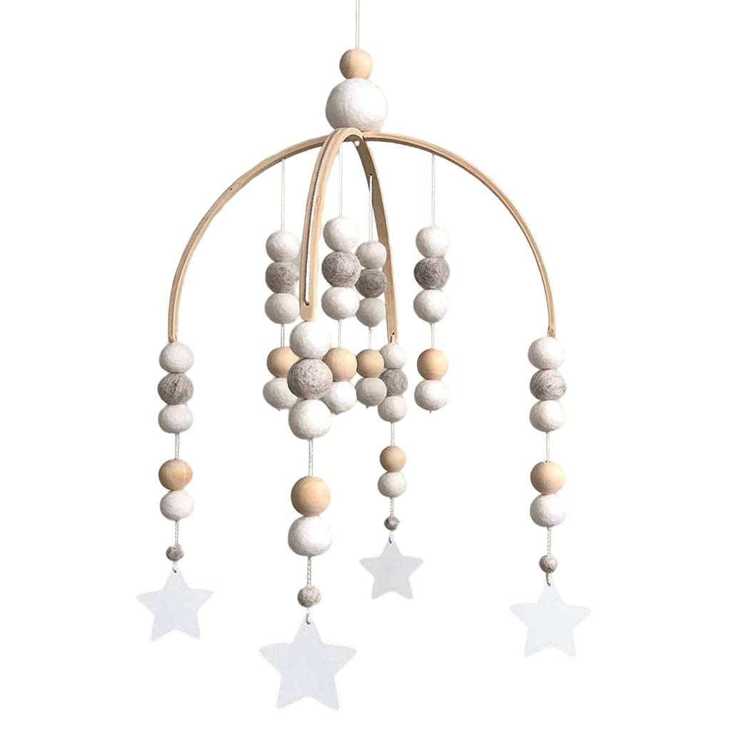 Mobile Wind Chime, Nordic Style, with Wool Balls, Wooden Ornament Cot Hanging Toys, for Kids Infant, Newborn Gift - Cloud (Star)