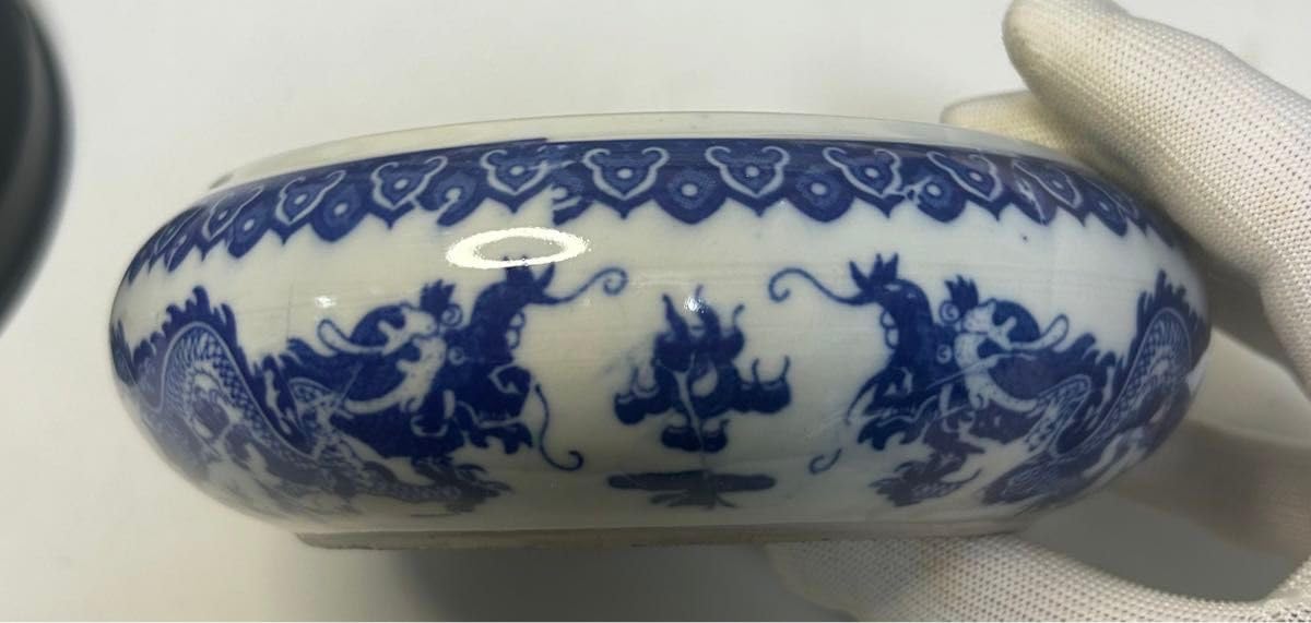 大清乾隆青花龍紋皿 筆洗書道旧家蔵出し、骨董品、コレクション