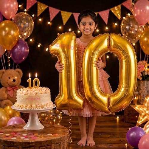 Image of Balloonistics Gold 40-Inch Foil Number 10 Balloon with Matching Number Candle - Combo Set for 10th Birthday, Anniversary, Party Decorations, Photo Booth Backdrop, Cake Table Decor