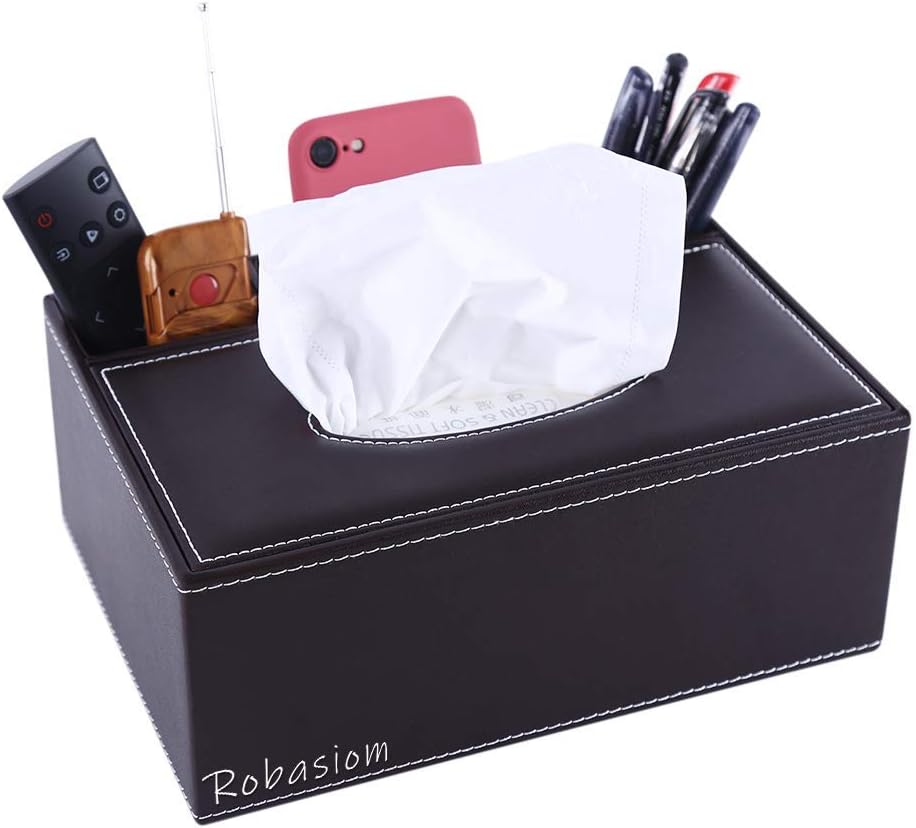 Robasiom Multifunction PU Leather Pen Pencil Remote Control Tissue Box Cover Holder Desk Storage Box Container for Home and Office Use(Coffee)