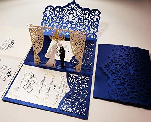 Pop up Wedding Invitation Pocket-folds With Envelope – Unique Elegant Laser Cut 3D Design – by Tada Cards – Personalized Invitation and RSVP Card Option Available