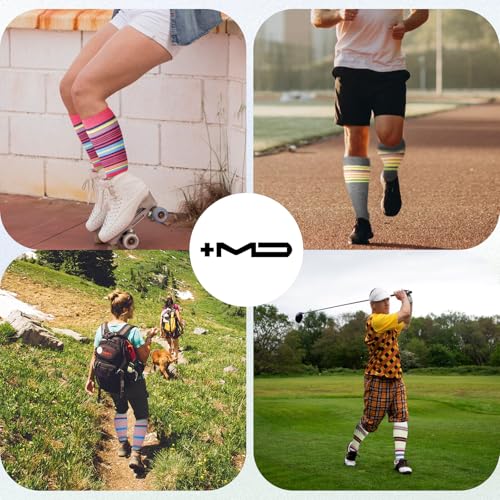 Image of +MD Cotton Compression Socks for Women & Men 4 /6 Pairs 15-20mmHg Knee High for Sports, Travel, Nursing Long Sitting Standing