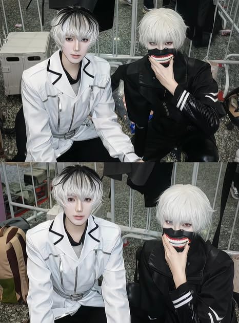 Image of LABEAUTE Unisex Short White & Black Cosplay Wig Male Man Woman Anime Fluffy Cosplay Hair Wigs for Halloween Party + Free Cap