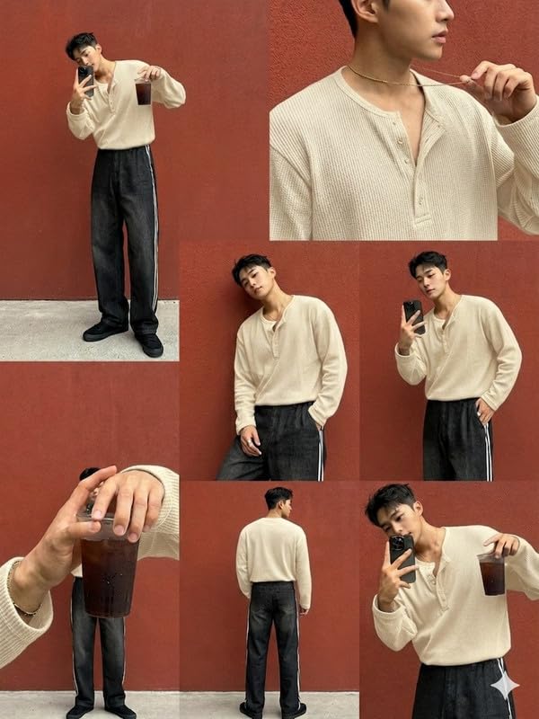 Image of Imsa Moda Men's Textured Fabric Half-Open Collar T-Shirt | Full Sleeve Casual T-Shirt for Men