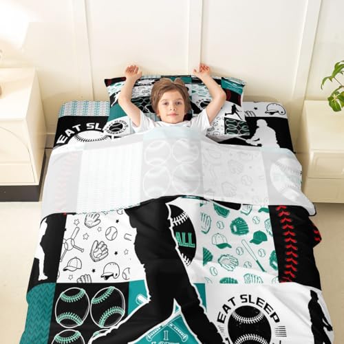 Image of Castle Fairy Baseball Player Bed Sheet Set Twin Size,Sports Geometric Grid Green Sheet Set Kids Teens,Patchwork Baseball Bedding Decor Set with 1 Flat & 1 Fitted Sheet with 1 Pillow Sham