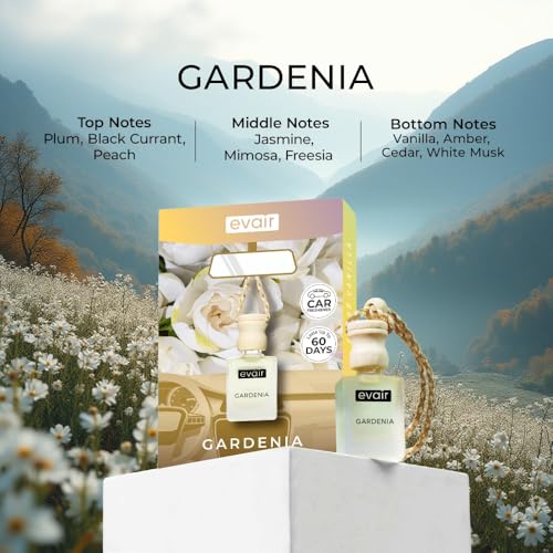 Image of Evair Gardenia Car Air Freshener | Hanging Car Perfume | Premium Car Fresheners | Car Aroma with Essential Oils| Hanging Perfume for Car in Glass Bottle with Wooden Diffuser Lid (10ml, Pack of 1)