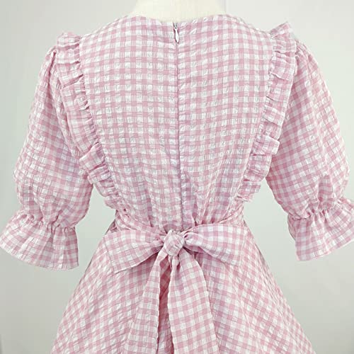 Sweet Lolita Dress Teens Princess Casual Kawaii Plaid Ruffle Lace Puff Sleeve Bandage Bow Short Dresses4