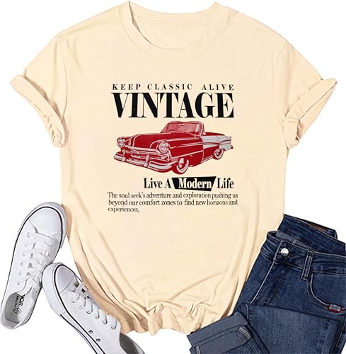 Women Graphic Shirt Vintage Inspired Tshirt Keep Classic Alive Car Tops Retro Summer Casual Short Sleeve Tees Top