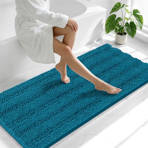 Image of Smiry Thick Chenille Bathroom Runner Rugs 59x24, Absorbent Striped Bath Mat, Machine Washable, Rubber Backing, Extra Long Bath Rugs for Tub & Shower, Modern Home Decor Accessories, Peacock Blue