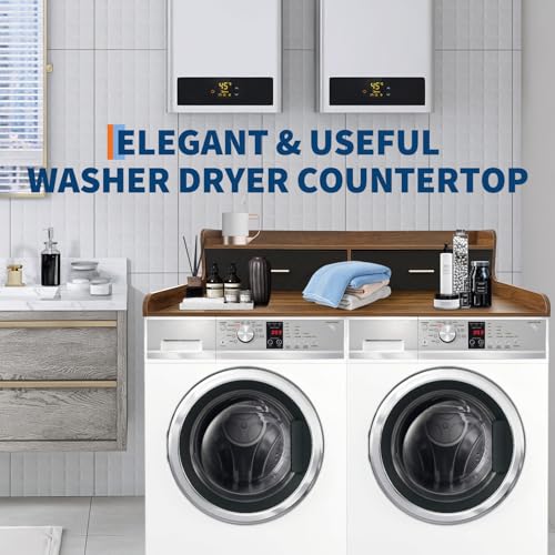 GarveeHome 2-Tier Washer Dryer Countertop with 2 Drawers, Wood Laundry Countertop with 2.75" H Edge Rails, Waterproof Washer Dryer Cover with Anti-Slip Pads for Laundry Room Organization and Storage