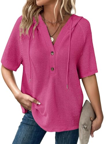 Image of Dokotoo Womens Summer Tops Waffle Knit Short Sleeve Lightweight Drawstring Hoodies Button V Neck Casual Blouses Shirts