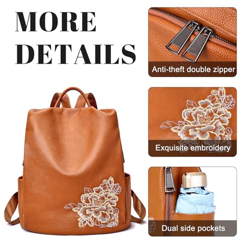 Image of BOYATU Genuine Leather Backpack for Women: Elegant Floral Designer Purse - Small Shoulder Bag for Travel (Brown)