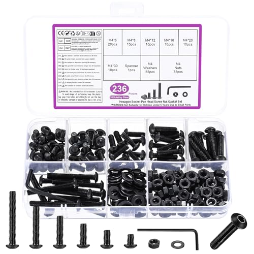236 Pcs Tornillos M4, Juego de Tornillos con Tuercas y Arandelas, Tornillos de Cabeza Redonda con Cabeza Hueca Hexagonal, Tornillería Tornillos Hexagonales y Tuercas y Arandelas(M4)