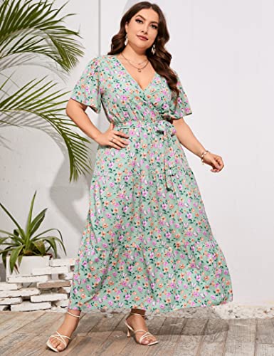 Image of ShopWonder Womens Plus Size V Neck Wrap Maxi Dress High Waist Ruffle Summer Casual Dress with Belt