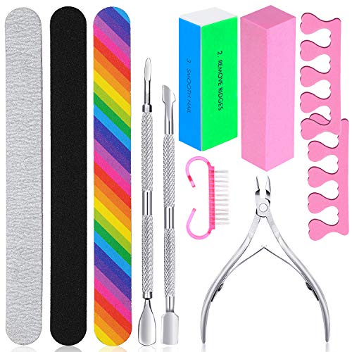 11 Pieces Manicure Tools Set, Includes 3 Double Sided Nail File, 2 Sponge Separators, 2 Rectangular Nail Buffer, Cuticle Pusher, Nail Peeler, Cuticle Nipper and Nail Brush for Shiny Nail