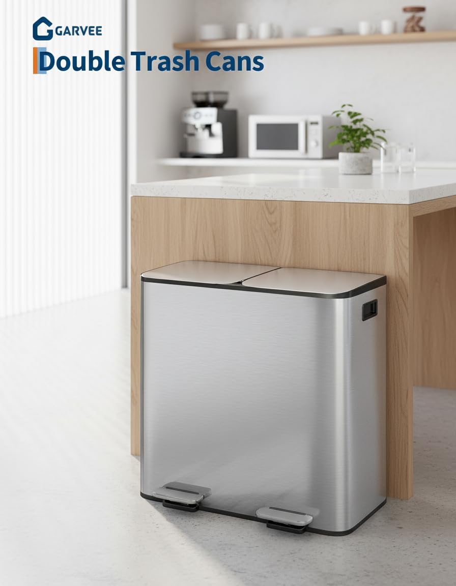 garveehome 2 x 8 gal stainless steel double trash can with lid for kitchen, large dual trash and recycle bin combo, step-on kitchen metal garbage cans, pp inner buckets, liner rim stainless steel 2 x 8 gallon