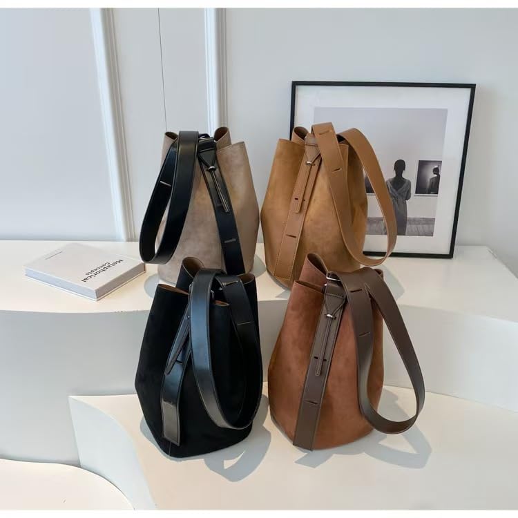Image of Women Suede Bucket Shoulder Bag Fashion Vegan Leather Slouchy Hobo Bag Office Tote Handbag Crossbody Designer Purse