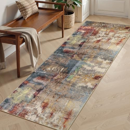 Morebes Abstract 2x6 Runner Rug for Hallway, Red Kitchen Runner Rugs Non Skid Washable, Non Slip Stain-Resistant Low Pile Indoor Non Slip Carpet Runner or Entryway Laundry Bedroom(2'x6',Red)