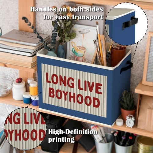 Image of Red Long Live Boyhood Boys Storage Bins Box with Handles, Blue Pattern Collapsible Basket Organizer for Kids Boy Nursery Room Bedroom Bathroom Playroom Books Clothes