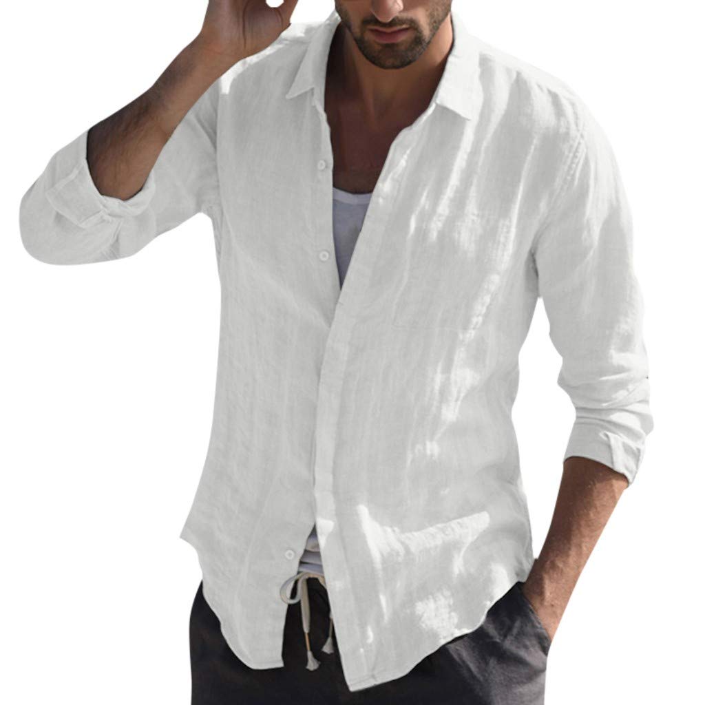 DONGH Linen Cotton Shirts for Men Button Shirts Summer Casual Long Sleeves Cuban Camp Guayabera Shirts