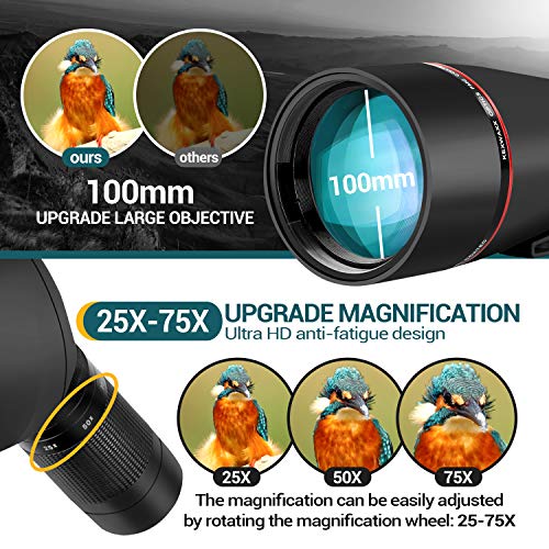 Spotting Scopes 100MM 25-75X HD Monocular Telescope for Bird Watching & Hunting & Target Shooting with Tripod, Phone Adapter, Carrying Bag
