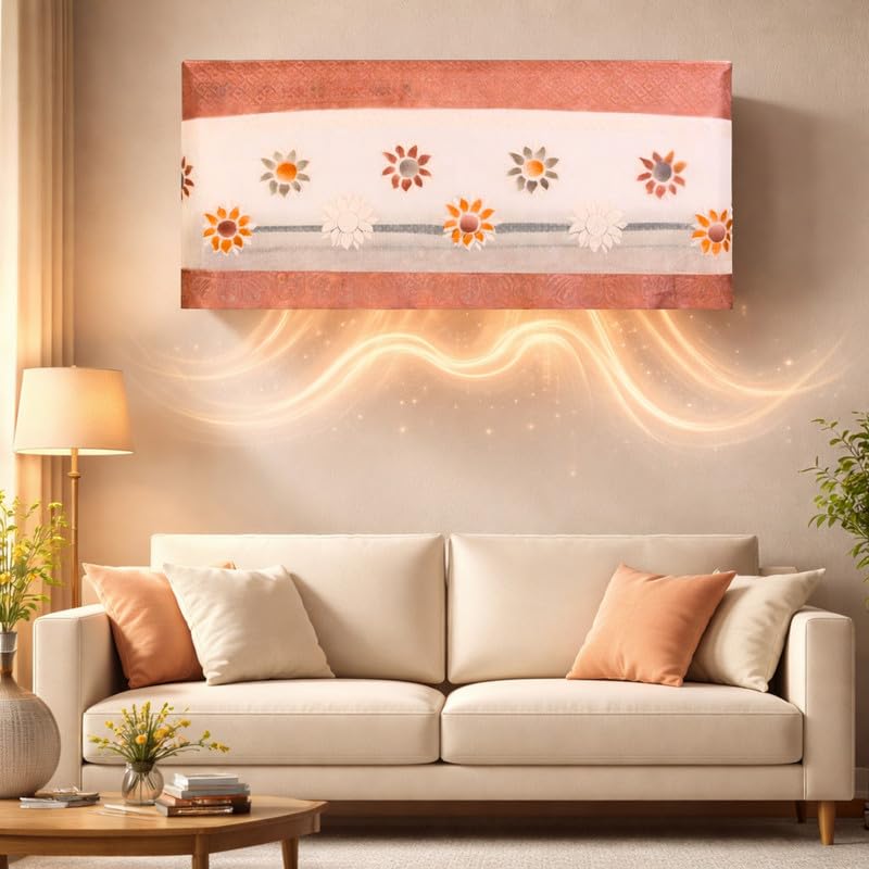 Image of Cotton Net Split AC Cover Indoor Unit for 1.5 Ton Capacity AC, Premium Work Indoor AC Dust Protection Cover Designer Summer Ac Cover for 1.5 Ton Ac (38 X 15.35 X 7.8 inch, Brown Flower)