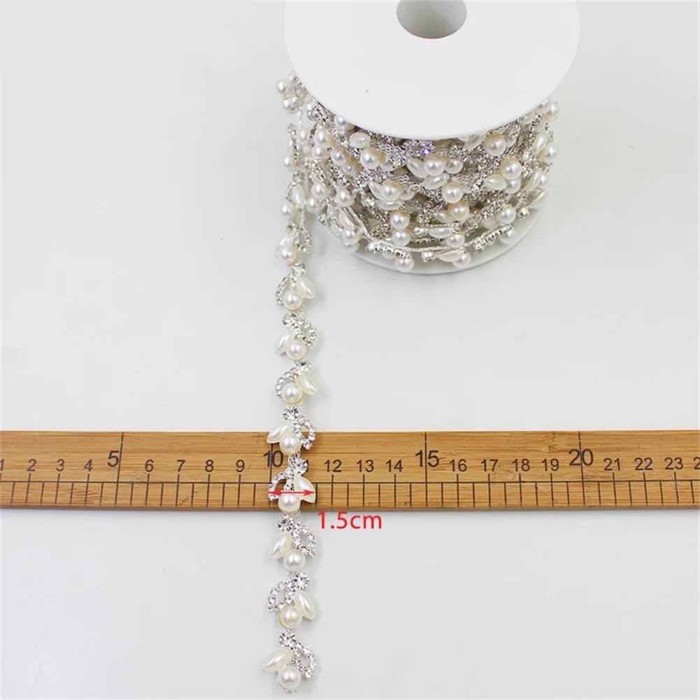 Generic 1/5Yards Leaf Flower Pearl Crystal Chain Decoration Sewing Rhinestone Trim for Dresses Clothing Silver Pearl 5 Yards