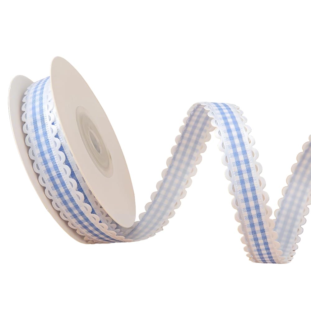 1.5cmx10 Yard Wavy Edge Plaid Ribbon Polyester Checkered Ribbon for Bouquet Gift Wrapping, Blue