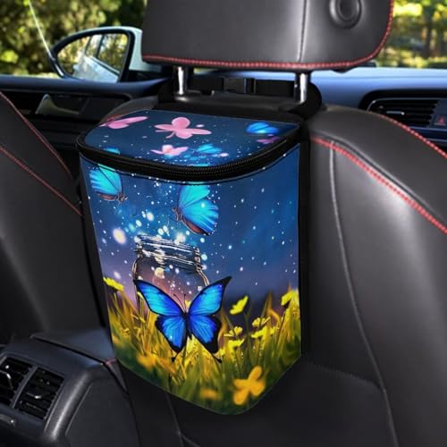 Image of Butterfly Hanging Car Trash Bin Butterfly Car Interior Storage Accessories Portable Leak-Poof Vehicle Garbage Cans Mini Car Trash Cans for Front Back Seat Blue Butterfly