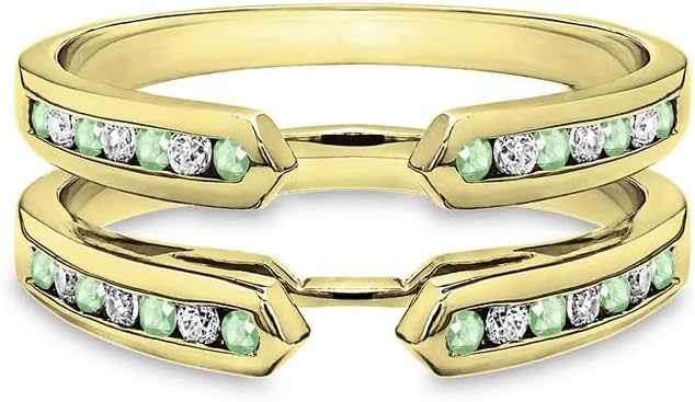 Enhancer Ring, 14K Gold Finish Round Cut Green Peridot & White Diamond Enhancer Guard Band for Women, Diamond Enhancer Ring