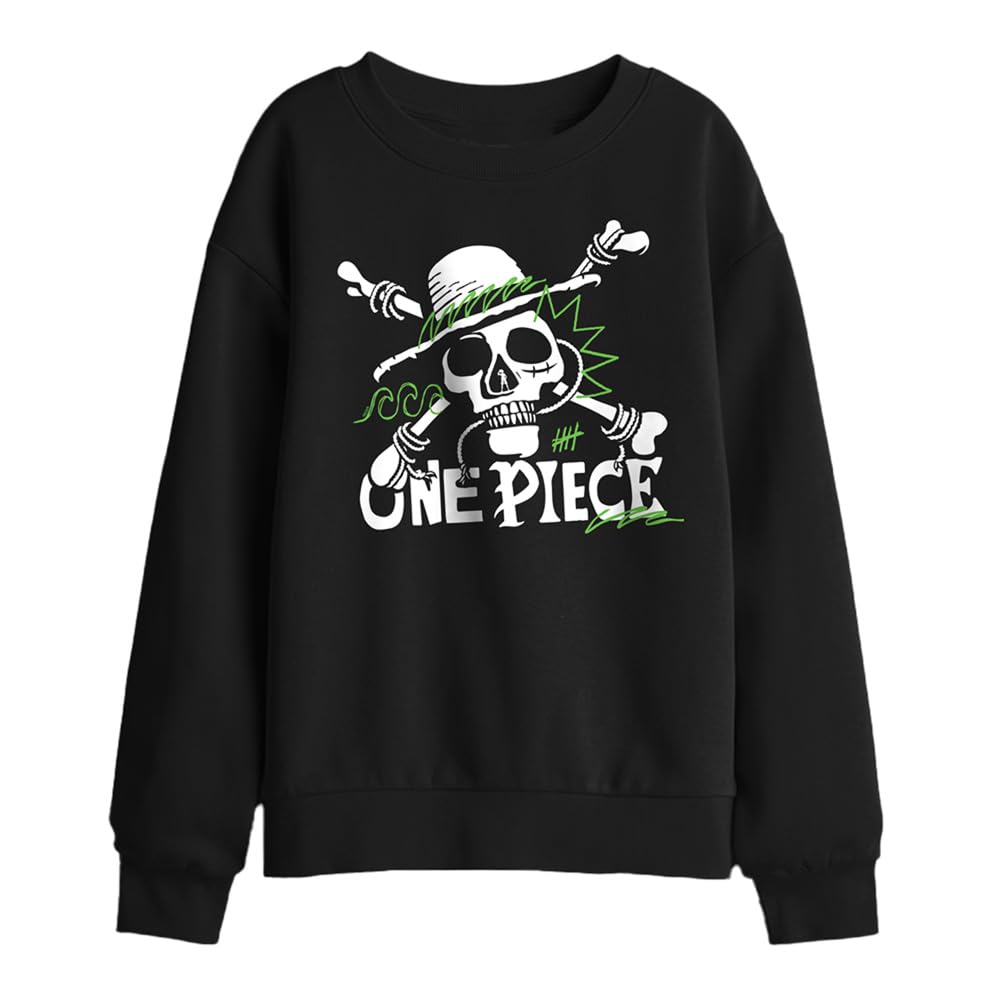 One Piece Green Doodle Jolly Roger Logo Kids Sweatshirt, Black, 9-11Y