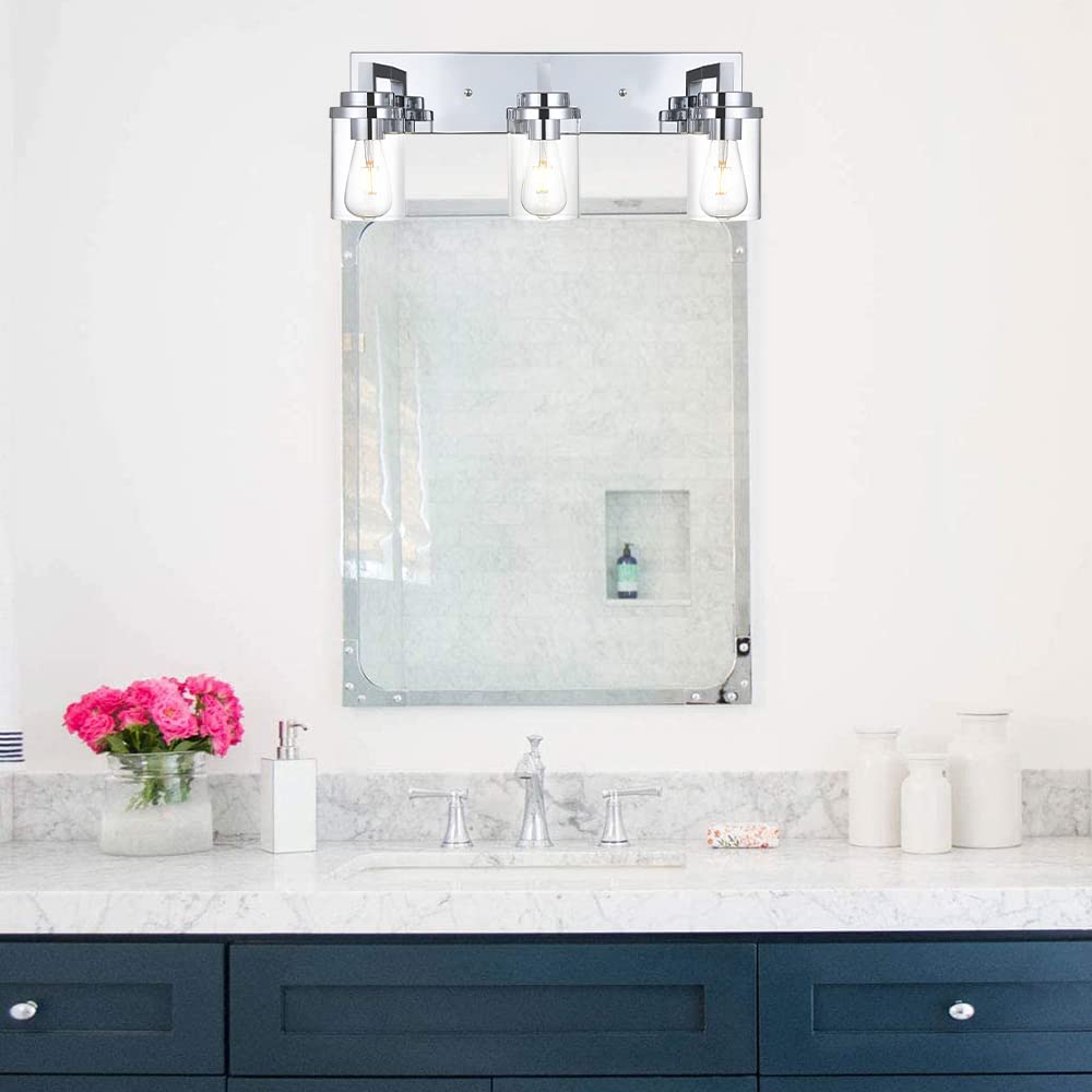 MELUCEE Modern Vanity Lights for Bathroom, 3-Lights Wall Light Fixture with Clear Glass Shade, Chrome Bathroom Lights Over Mirror Wall Sconces for Sink Cabinet Dressing Table