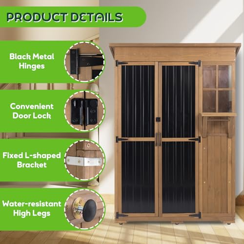 Image of 51 inch L Outdoor Storage Cabinet Waterproof with Shelves, Outside Storage Shed Backyard Tall Cabinet with Fold-Out Table for Patio, Garage, Garden, Pool Accessories Storage
