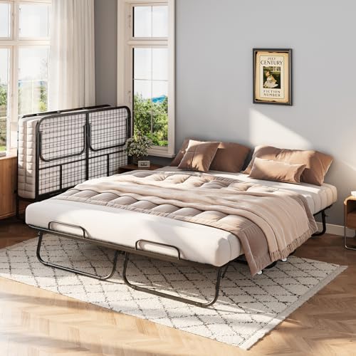 Pantinala Deluxe Folding Bed with 5 Memory Mattress 79x59 Queen Size Double Portable Bed for Adults Roll Away Foldable Beds on Wheels for Guest Hideaway Save Space
