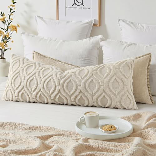 Image of decorUhome Fall Lumbar Pillow Cover 14x36 Inch, Ultra Soft Plush Decorative Faux Fur Beige Solid Couch Pillow Cover, Accent Farmhouse Neutral Rectangular Pillow Case for Sofa Bed Living Room