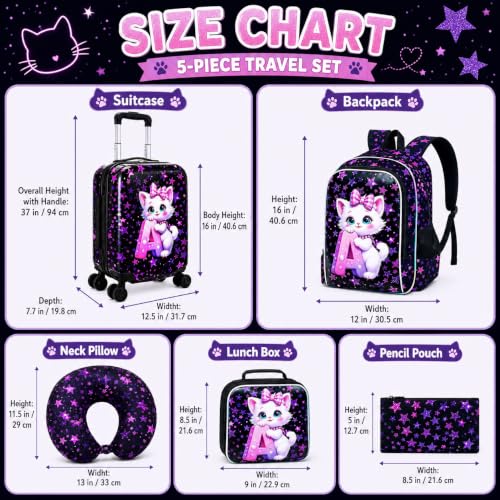 Image of CCJPX 5Pcs Kids Suitcase for Girls, 16 inch Travel Luggage Set with Spinner Wheels, Cat Hardside Carry on Toddler Rolling Suitcase Airline Approved (Black)