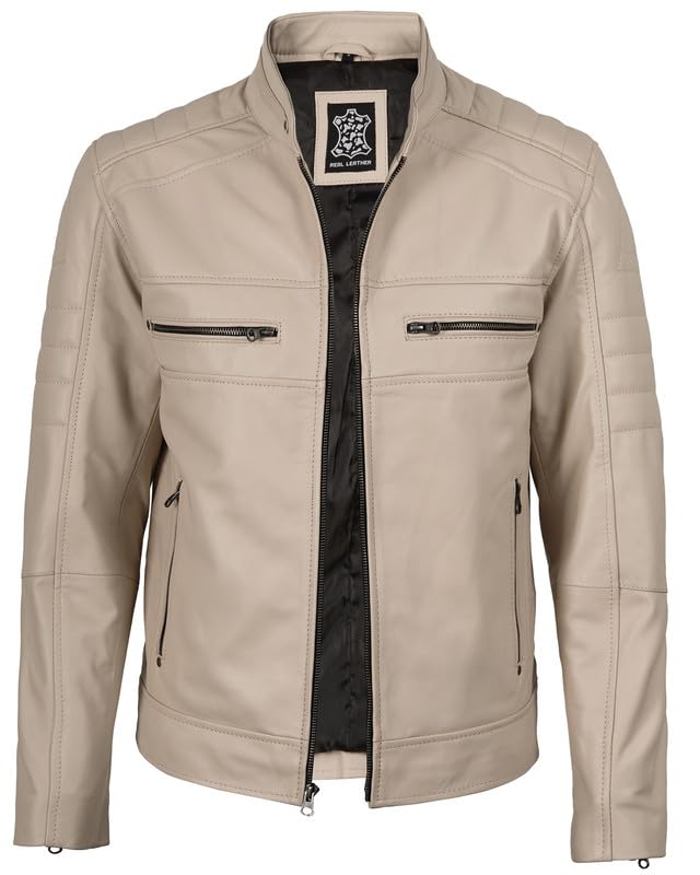 Image of Decrum Cafe Racer Leather Jacket for Men - Real Lambskin Motorcycle Style Mens Jacket with Zipper Closure