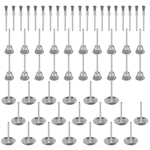 60Pcs Wire Brushes Set 3 Shape Steel Wire Wheels Pen Brushe for Metal Rust Removal Cleaning and Polishing 1/8 (3mm) Shaft for Removes Burrs Dust and Oxide Layer Rotary Tool Accessories