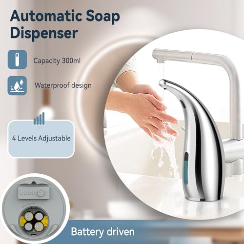 Image of Automatic Soap Dispenser, Plastic Material for Bathroom & Kitchen | 4-Level Adjustable Touchless Hand Soap Dispenser ,10oz /300ml Battery Operated Electric Dispenser, Silver Soap Dispenser