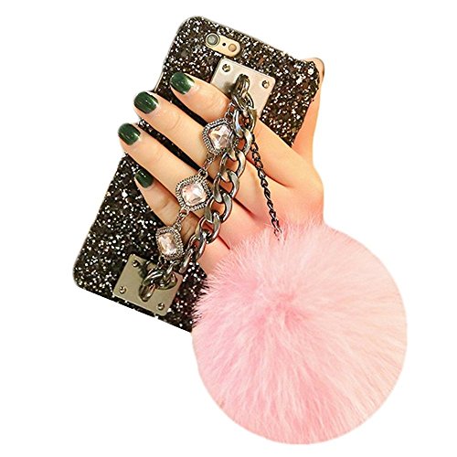 Compatible for iPhone 7 Plus,for iPhone 8 Plus Case, BabeMall Luxury Stylish DIY Handmade Sparkling Diamond Rhinestone Pendant Fur Ball Hard Back Case (Pink)