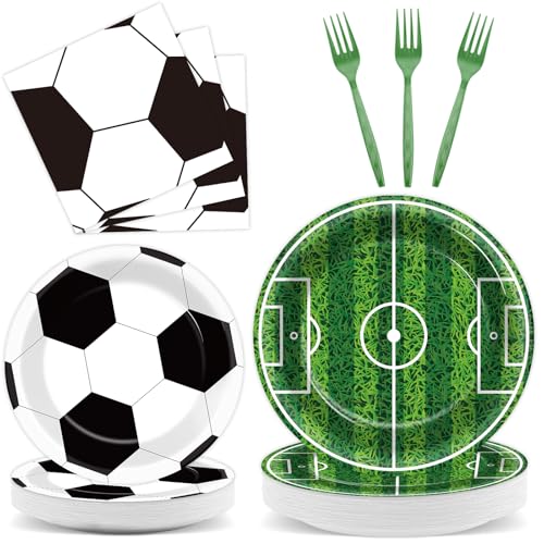 Image of Qyeahkj 100 Pcs Soccer Party Plates and Napkins Set, Sports Birthday Party Supplies, Soccer Ball Disposable Paper Dessert Cake Dinnerware Tableware, Serves 25