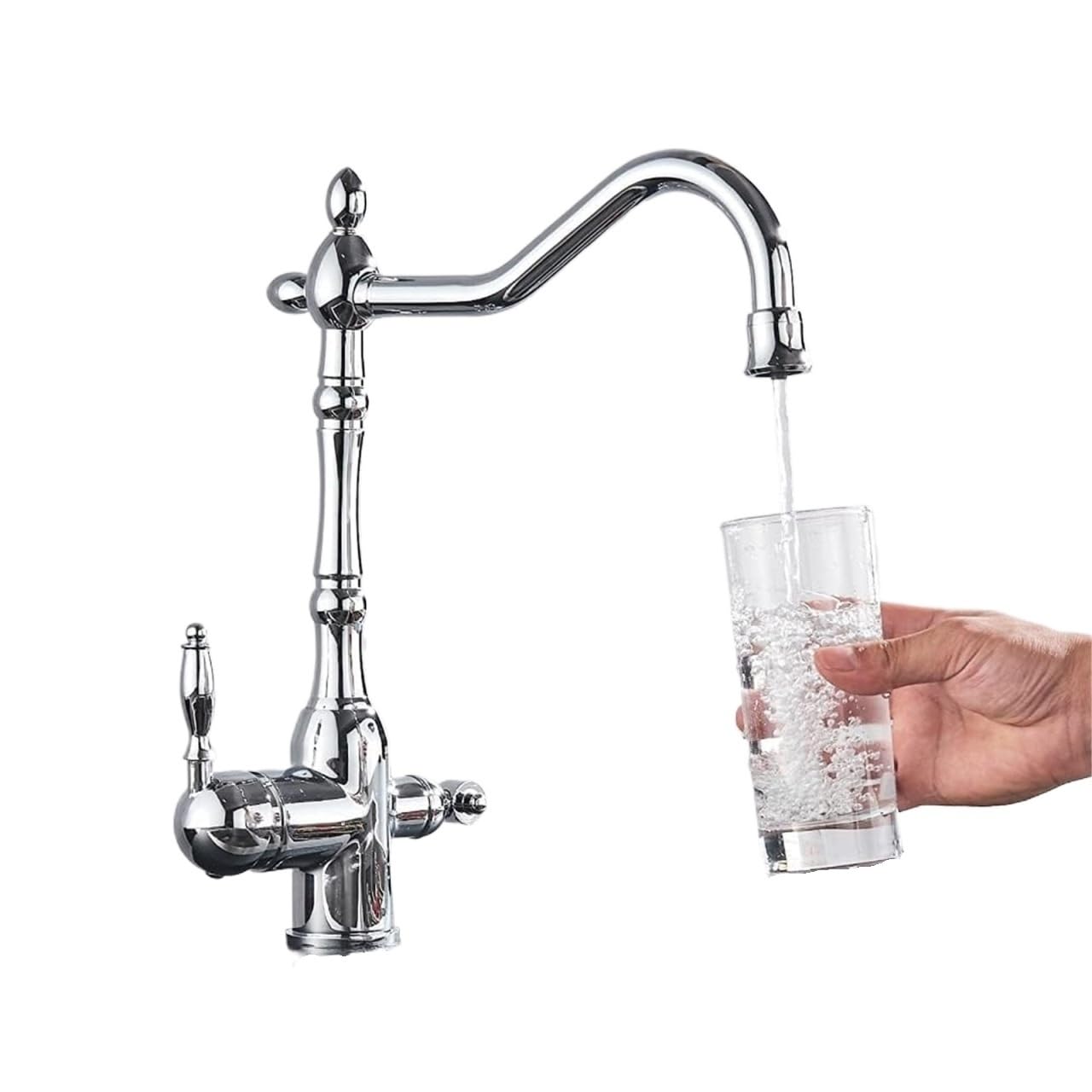 MXXQRHF Commercial Kitchen Sink Faucet for Bar & Farmhouse - 360° Rotating Dual Handle Mixer Tap with Dual Water Functions & Filter - Sleek Silver Design