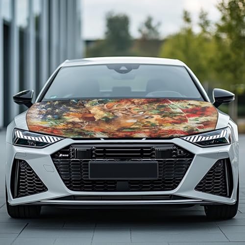 Image of Car Hood Cover for Compact Sedans SUV Trucks, 59x39 Inches Stretchable Auto Hood Wraps Vehicles Banner Deer Automotive Exterior Accessories