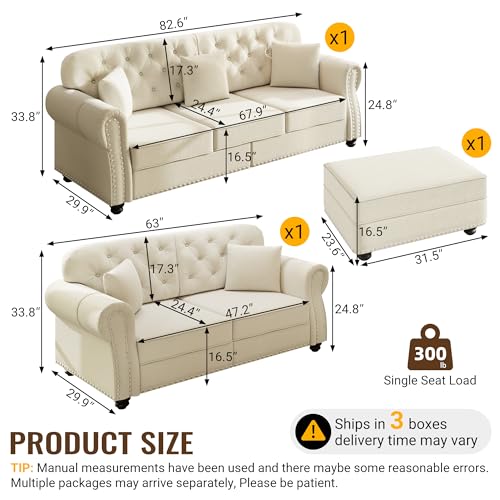 Image of KEIKI 2-Piece Chesterfield Sofa Set with 1 Velvet 3-Seater Sofa & 1 Loveseat Sofa, Upholstered 5-Seater Couch Set with Nailhead Trim & Rolled Arms & 1 Ottoman & 5 Pillow, for Living Room, White