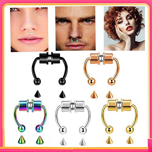 Zhqi Fake Nose Ring Hoop Magnetic Septum Nose Ring Horseshoe Stainless Steel Faux Fake Nose Septum Rings Non-Pierced Clip On Nose Hoop Rings (D-5Pcs Colors) #TOP1