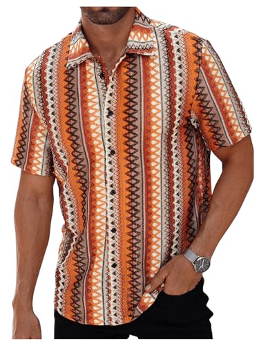 OYOANGLE Men's Textured Jacquard Button Down Shirts Color Block Short Sleeve Boho Vacation Shirt